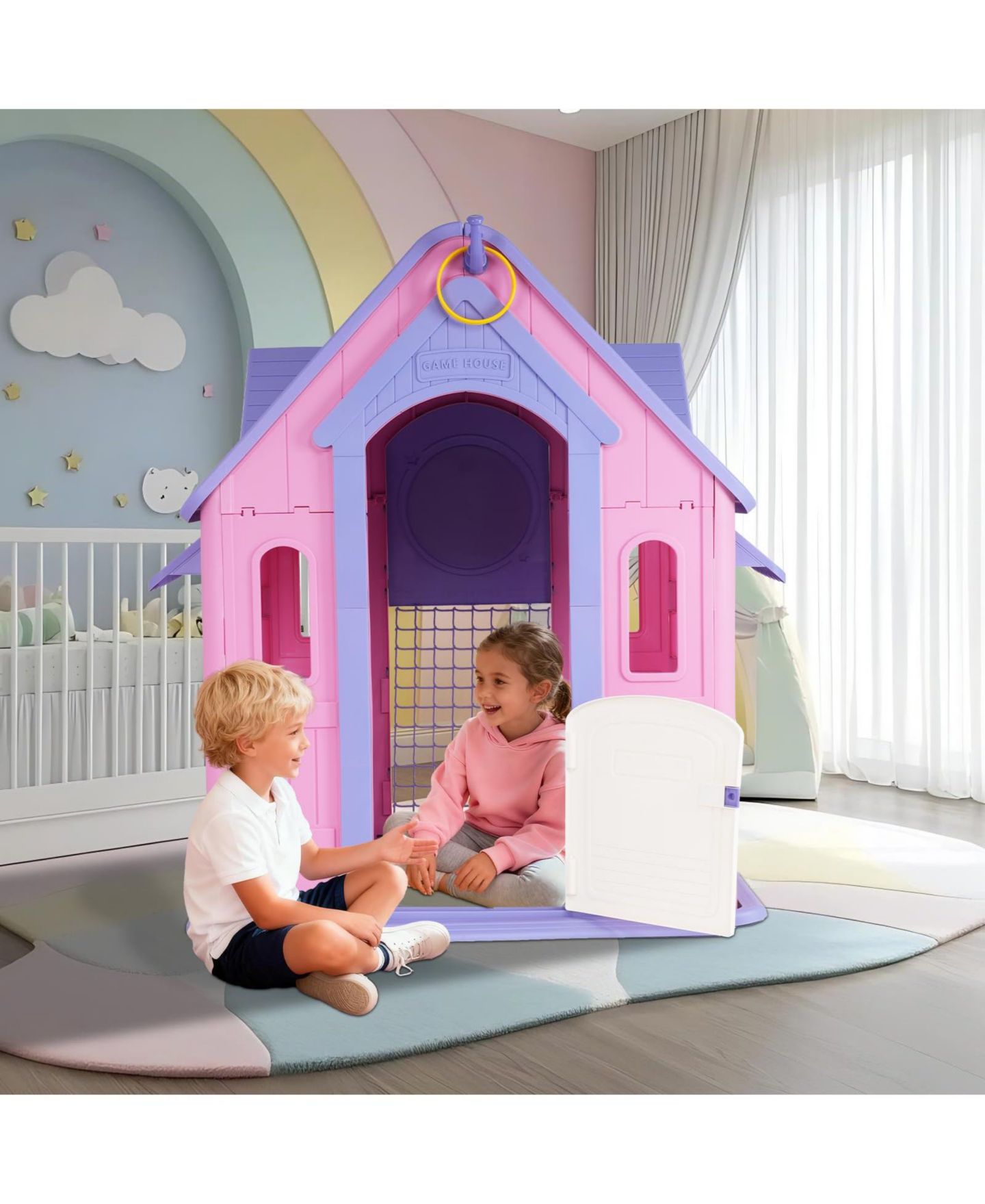 Детская игрушка homfan Kids Outdoor and Indoor Playhouse Cottage, Toddler Playground with Basketball Hoop for Ages 2 — фото 5