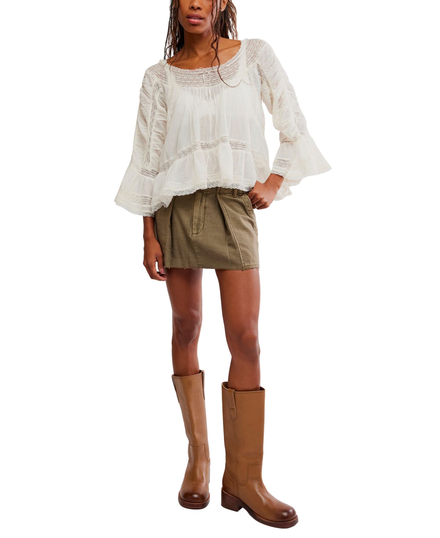 Женская блузка Free People She's A Romantic Top Long Bell Sleeves Lace-Paneling Blouse, цвет: Слоновая кость — фото 2