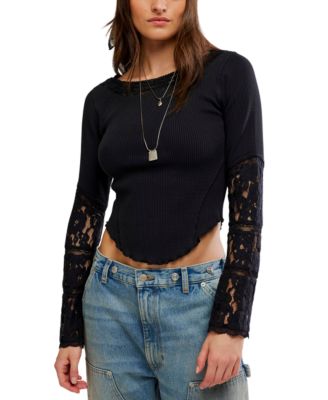 Women's Amber Lace Cuff Boat-Neck Smocked Cotton-Blend T-Shirt