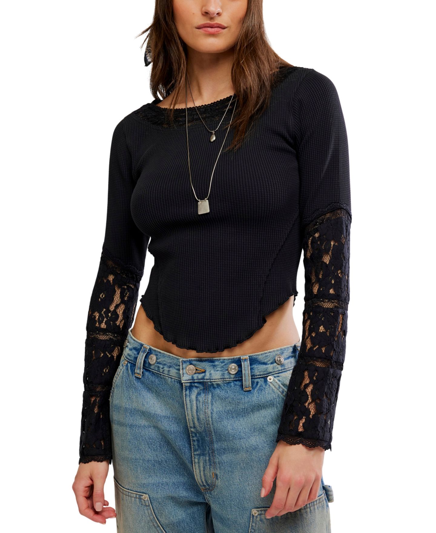 Женская футболка Free People Amber Lace Cuff Boat-Neck Smocked Cotton-Blend, цвет: Чёрный — фото 1