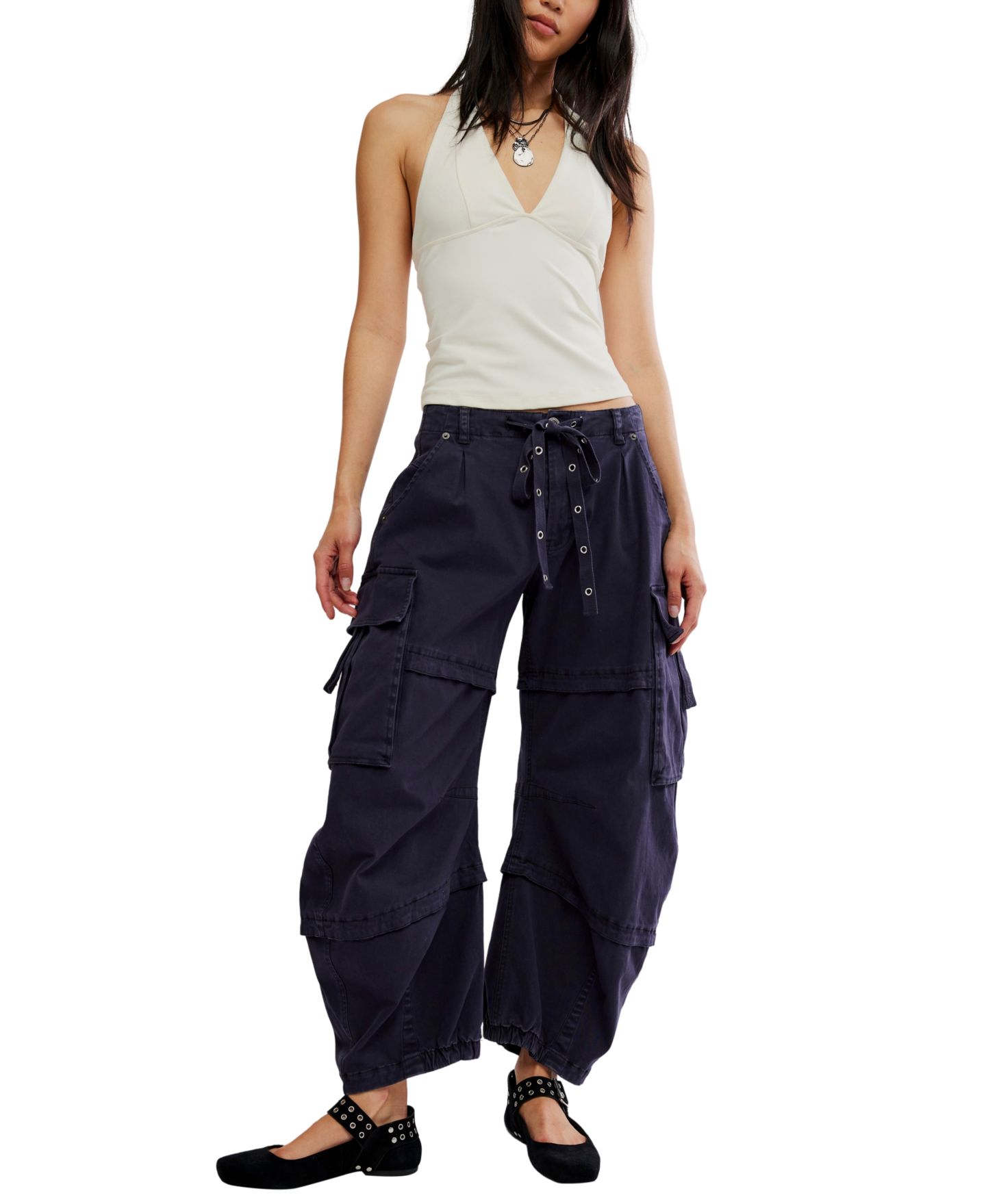 Женские брюки Free People Reef Curved Low-Rise Wide-Leg Cargo, цвет: Тёмно-синий — фото 2