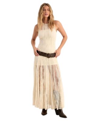 Women's High Neck Lace Godet Hem Maxi Dress