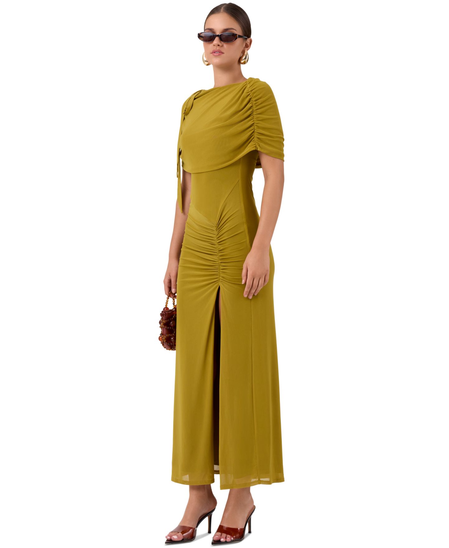 Женское платье RACHEL Rachel Roy Ivy Mesh Midi Dress, Off-the-Shoulder, Ruched, Front Slit, цвет: Экрю оливковый — фото 4