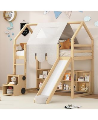  Wooden Loft Bed House Frame with Tent