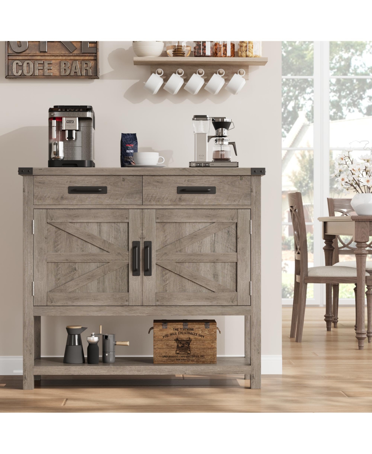 homfan Farmhouse Console Table with 2-Door Cabinet, 2 Drawers and Storage Shelf