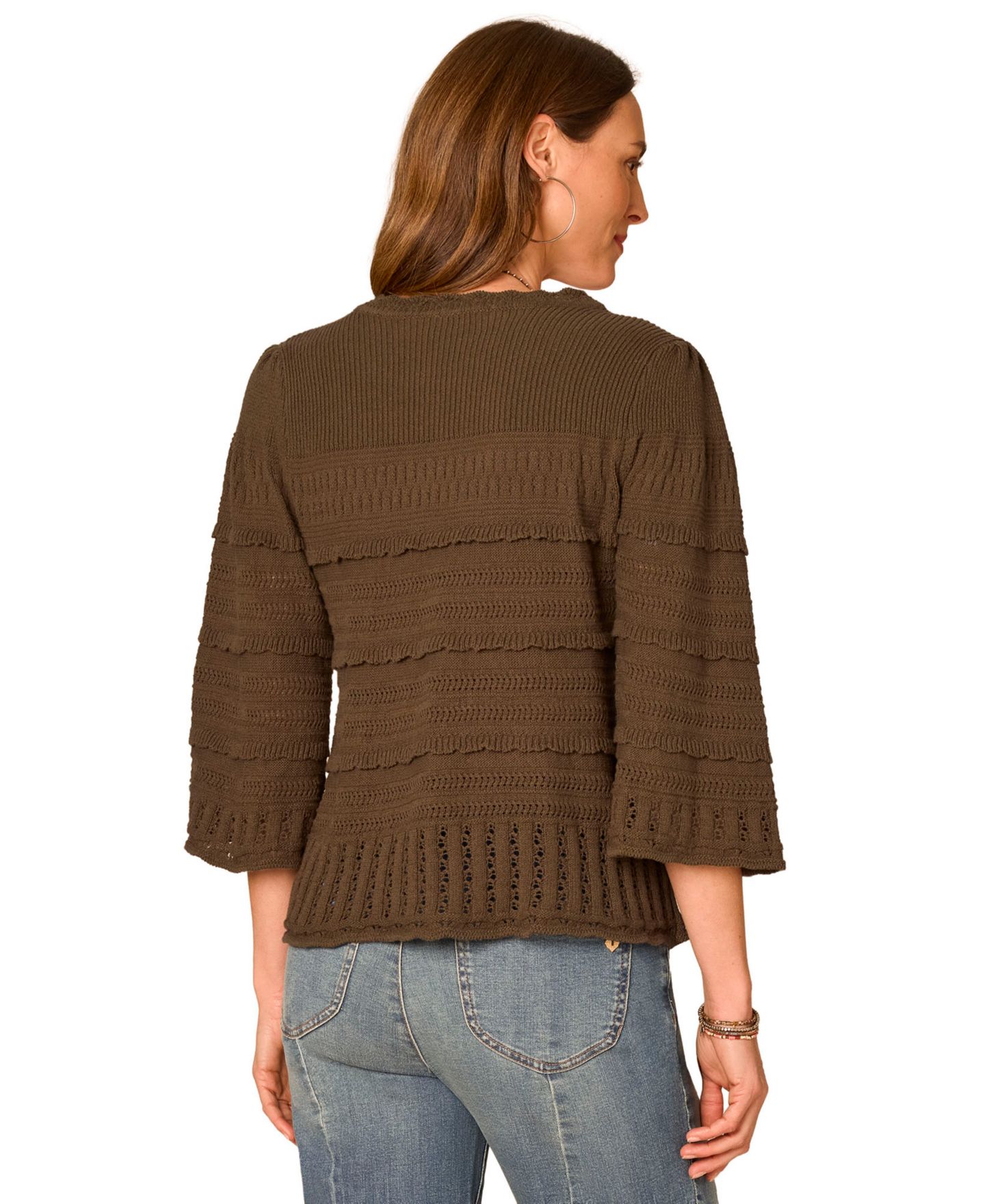 Женский свитер Democracy Petite 3/4-Length Bell-Sleeve Scalloped-Edge, цвет: Тёмно-зелёный мох — фото 3