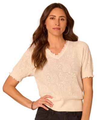 Petite Paisley-Jacquard Short-Sleeve V-Neck Sweater