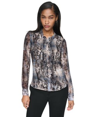 Women's Tie-Neck Long-Sleeve Crinkle Chiffon Blouse