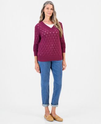 Women's V-Neck Cotton Pointelle Sweater