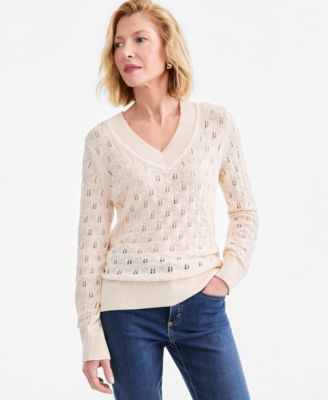 Women's V-Neck Cotton Pointelle Sweater