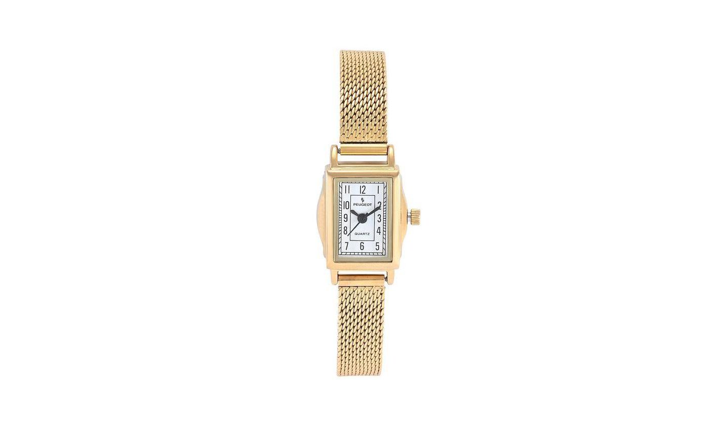 Женские часы Peugeot Vintage 14K Gold-Plated Rectangular Small Face Watch with Gold Mesh Bracelet, цвет: Золотой — фото 1