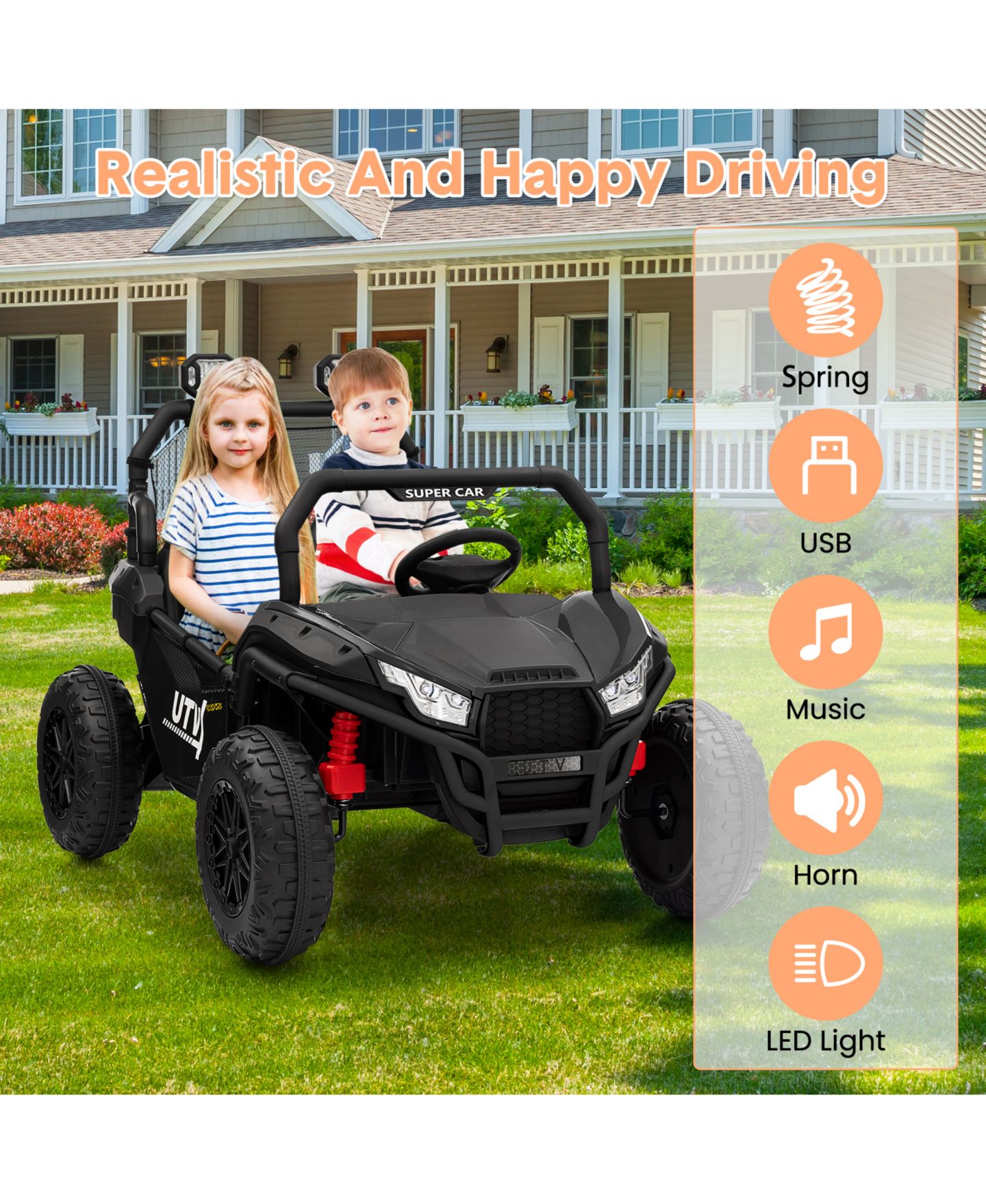 Детская игрушка homfan 2-Seater Electric Ride-On UTV Car, Remote Control, Spring Suspension, LED Lights, Wireless, Spacious Seat, Treaded Tires, Metal Frame, цвет: Чёрный — фото 5