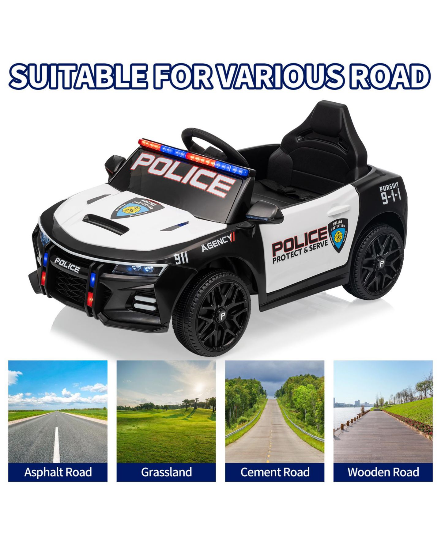 Детские игрушки homfan 12V Licensed Toyota Police Ride On Car, 4WD, Remote Control, LED Lights, Music, Spring Suspension, Safety Belt, Truck Bed Storage, цвет: Белый — фото 3
