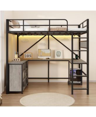 Full Loft Bed with U-Shaped Desk – 6 Cubbies, Power Outlet, LED Lights and PC Stand, Heavy Duty Metal Frame for Apartment and Small Space