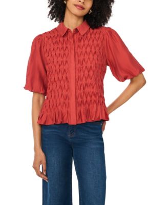Women's Button-Front Bubble-Sleeve Blouse