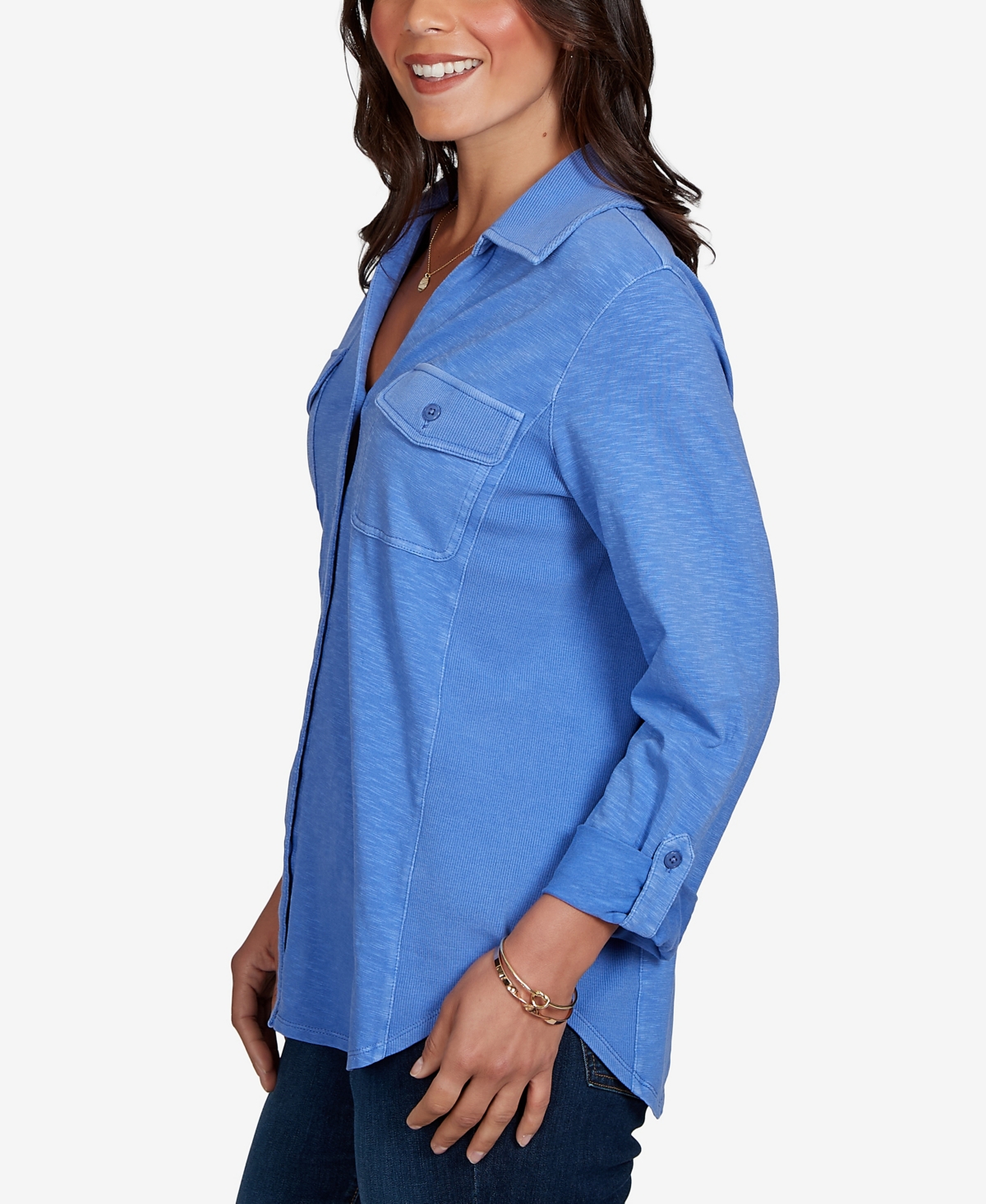 Ruby Rd. Petite Rib Trim Button-front Knit Top In Blue Bird