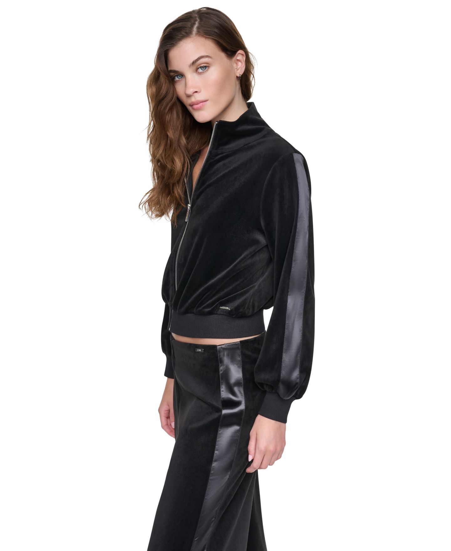 Женская куртка DKNY Jeans Petite Velour and Satin Trim Mock-Neck Zip-Front, цвет: Чёрный — фото 3