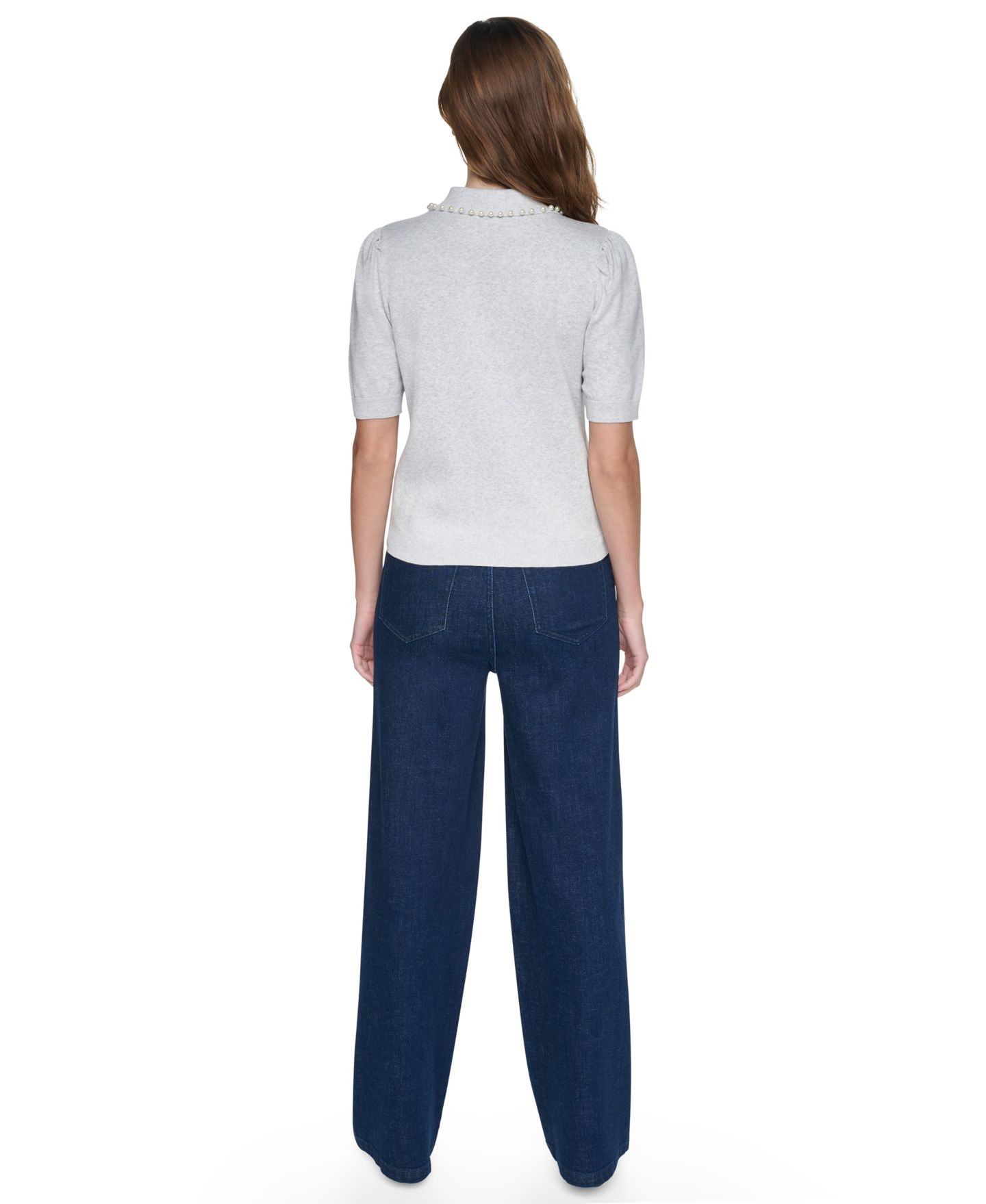 Женский свитер DKNY Jeans Petite Embellished Short-Puff-Sleeve Polo Sweater, цвет: Небесно-голубой серый меланжевый — фото 9