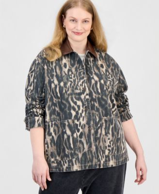 Plus Size Cropped Long-Sleeve Faux Leather Collar Barn Jacket