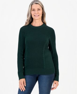 Petite Mixed Rib Cable-Knit Cotton Crewneck Pullover