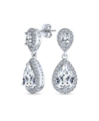 Cocktail Cubic Zirconia CZ Double Solitaire Teardrop Dangle Earrings Rose Gold Plated