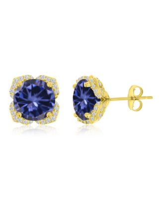 14k Gold-Plated Blue or Green Cubic Zirconia Floral Halo Studs
