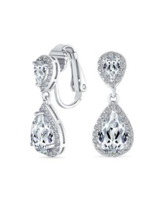Classic Bridal Cocktail Halo Cubic Zirconia Blue CZ Double Solitaire Teardrop Dangle Clip On Earrings
