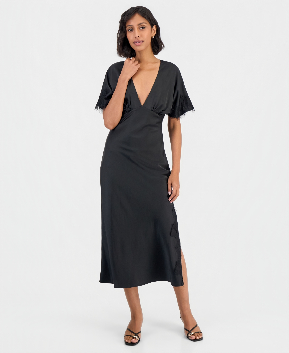 Lulus Women's Tallulah Lace-trim Flutter-sleeve V-neck Midi Dress In Black