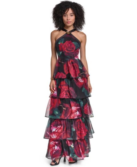 Женское платье KARL LAGERFELD PARIS Halter-Tiered-Floral, цвет: Чёрный разноцветный