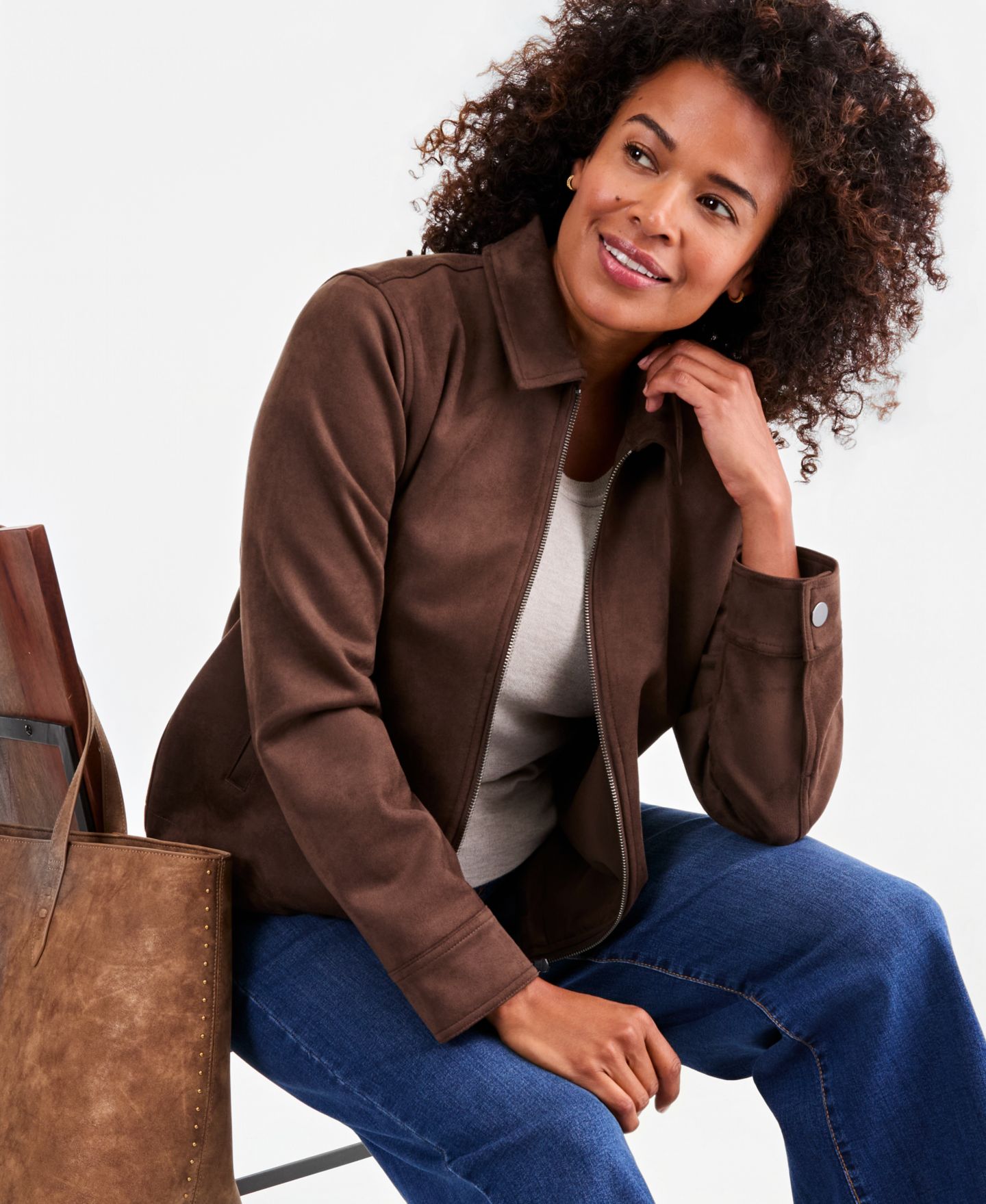 Женская куртка Style & Co Faux-Suede Bomber, цвет: Кофейный — фото 2