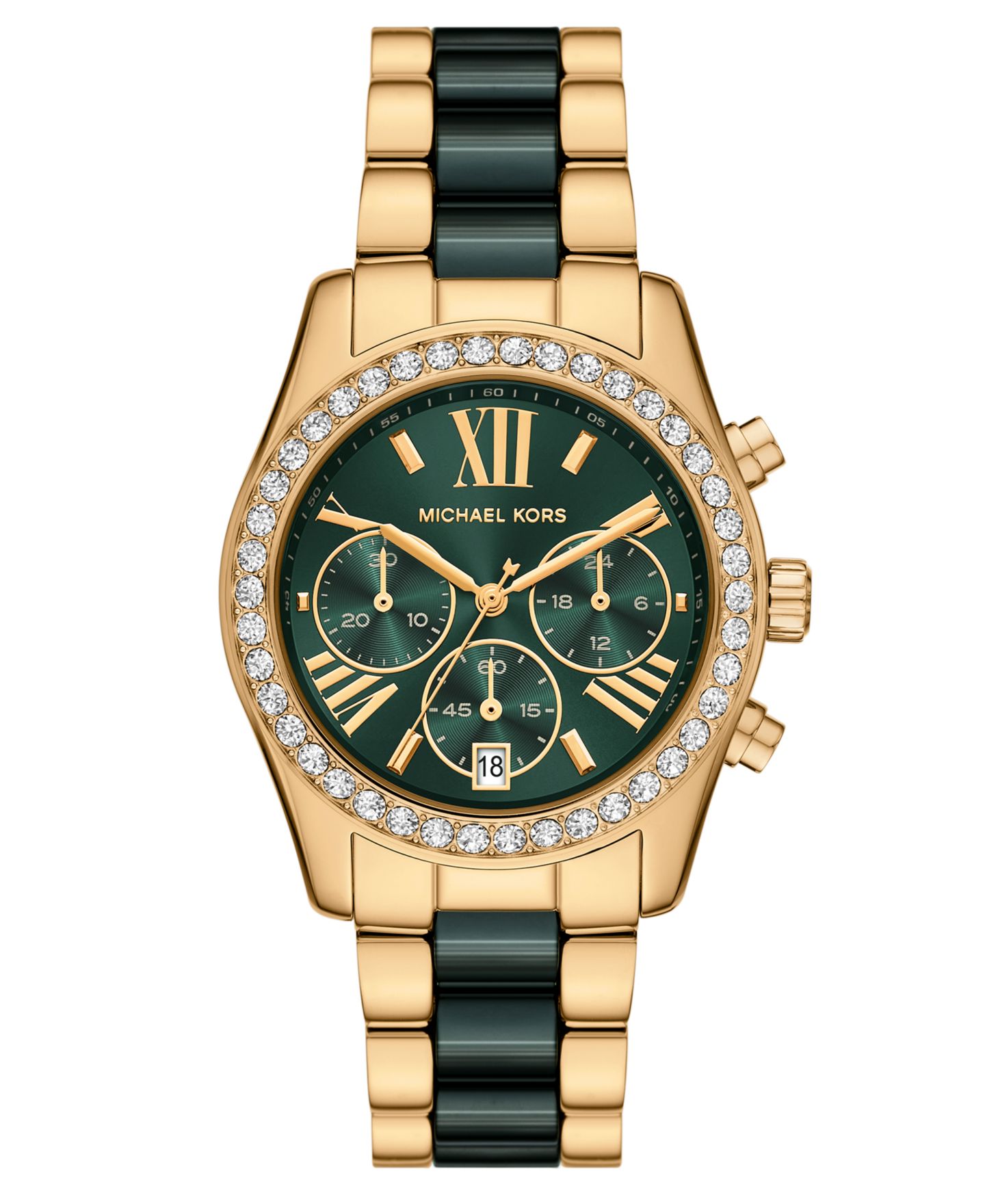 Женские часы Michael Kors MICHAEL Lexington Chronograph Green Ceramic and Gold-Tone Stainless Steel Watch 38mm — фото 1