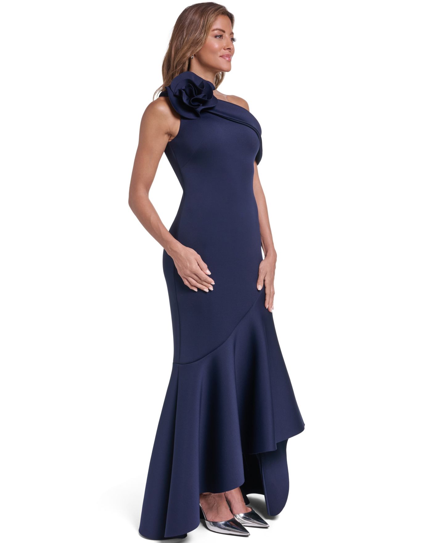 Женское платье Eliza J One Shoulder Gown With Ruffle Mermaid Hem Wedding Guest, цвет: Тёмно-синий — фото 2