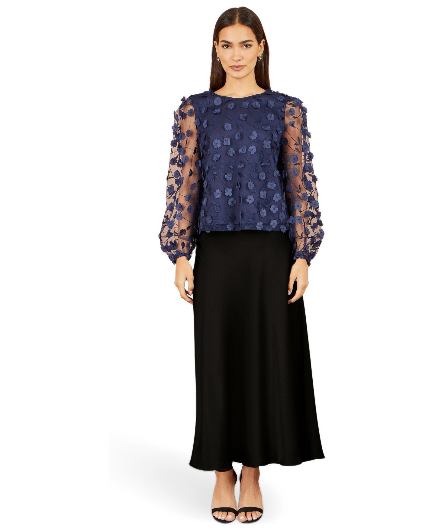 Женский топ Yumi Sheer Sleeve Applique Flower, цвет: Тёмно-синий — фото 2