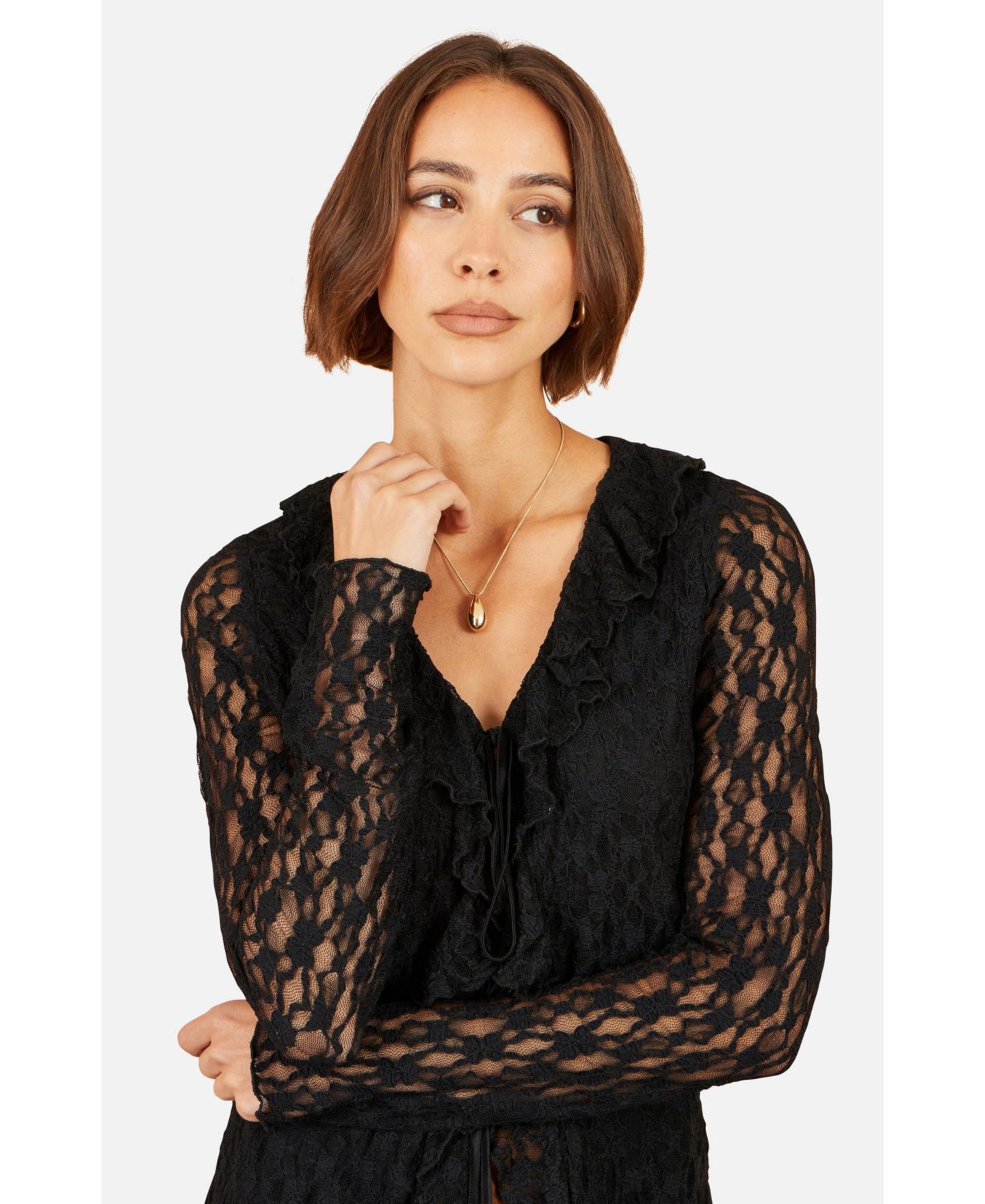 Женский топ Yumi Ruffled Tie Neck Long-Sleeve, цвет: Чёрный — фото 4