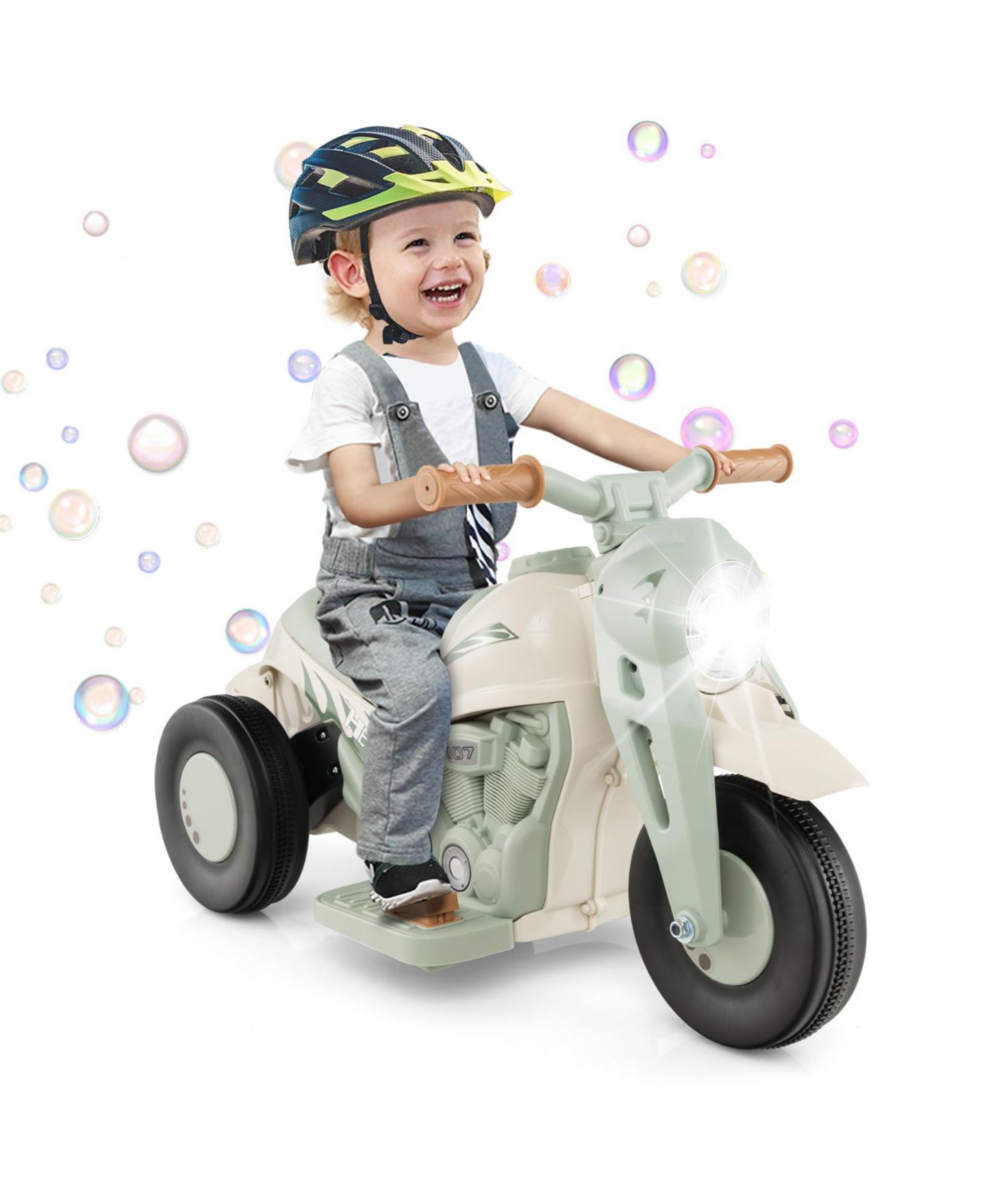Детская игрушка Costway 6V Kids Bubble Car Electric Ride on Motorcycle with Music Button and LED Headlight, цвет: Бежевый / Хаки — фото 9
