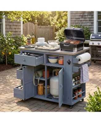 Outdoor Extendable Wood Kitchen Island With Stainless Steel Top