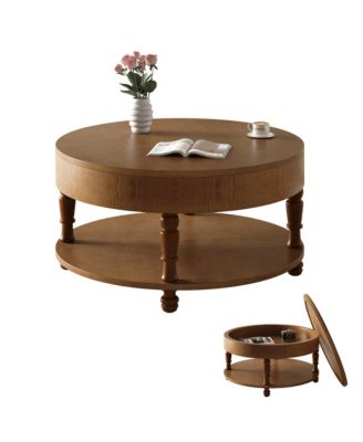 Round Solid Wood Coffee Table, Modern Center Table with Hidden Storage, Two-Tier Design for Living Room, Office.