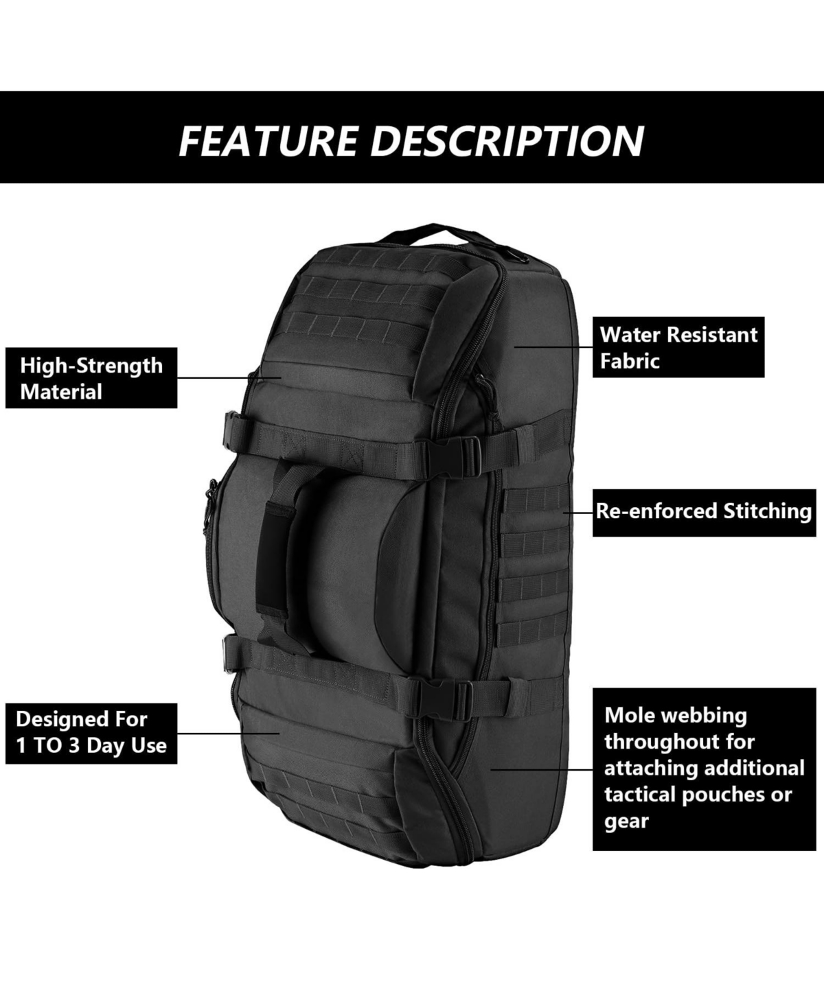 Piscifun 65L 3-in-1 Tactical Duffle Bag Molle System Gym Outdoor Travel Bag