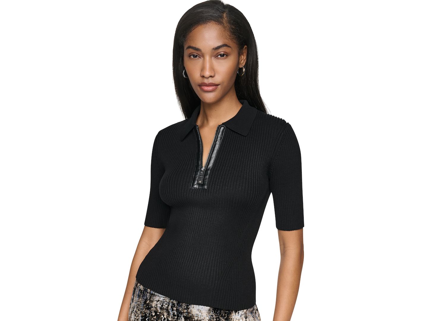 Женский свитер DKNY Quarter-Zip Polo Short-Sleeve, цвет: Чёрный — фото 1
