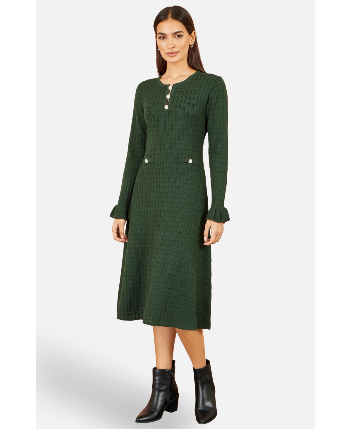 Yumi Women's Long Sleeve Knitted Midi Dress