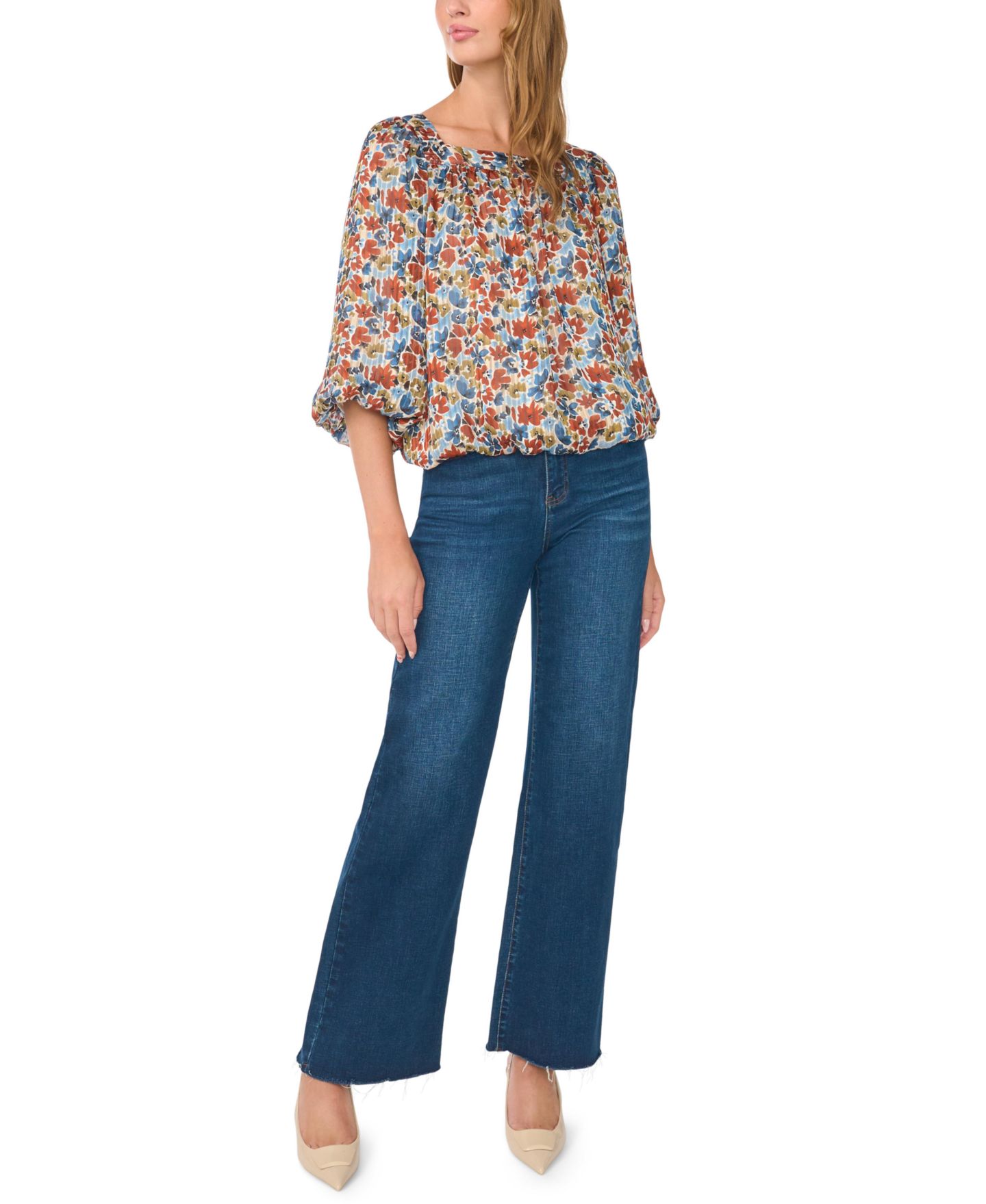 Женская блузка Vince Camuto Floral Square Neck 3/4-Sleeve Blouse, цвет: Джинсовый тёмно-синий — фото 2