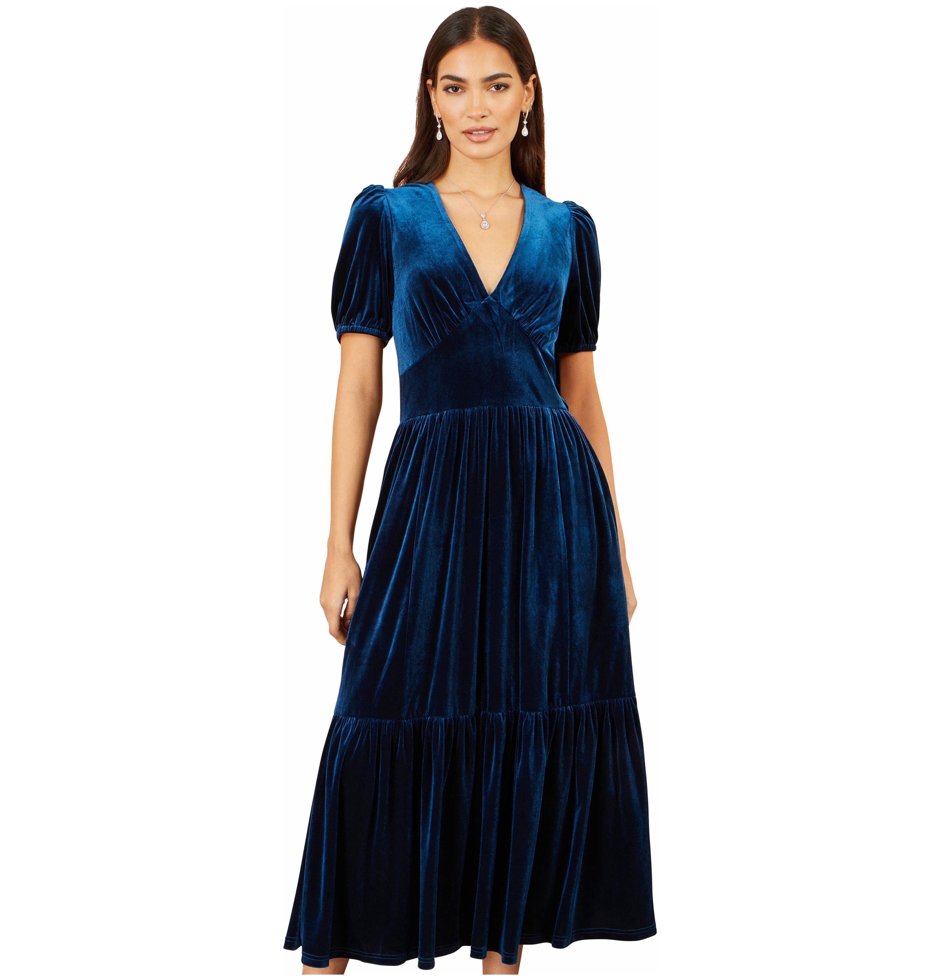 Yumi Women's Puff Sleeve V-Neck Velvet Midi Dress