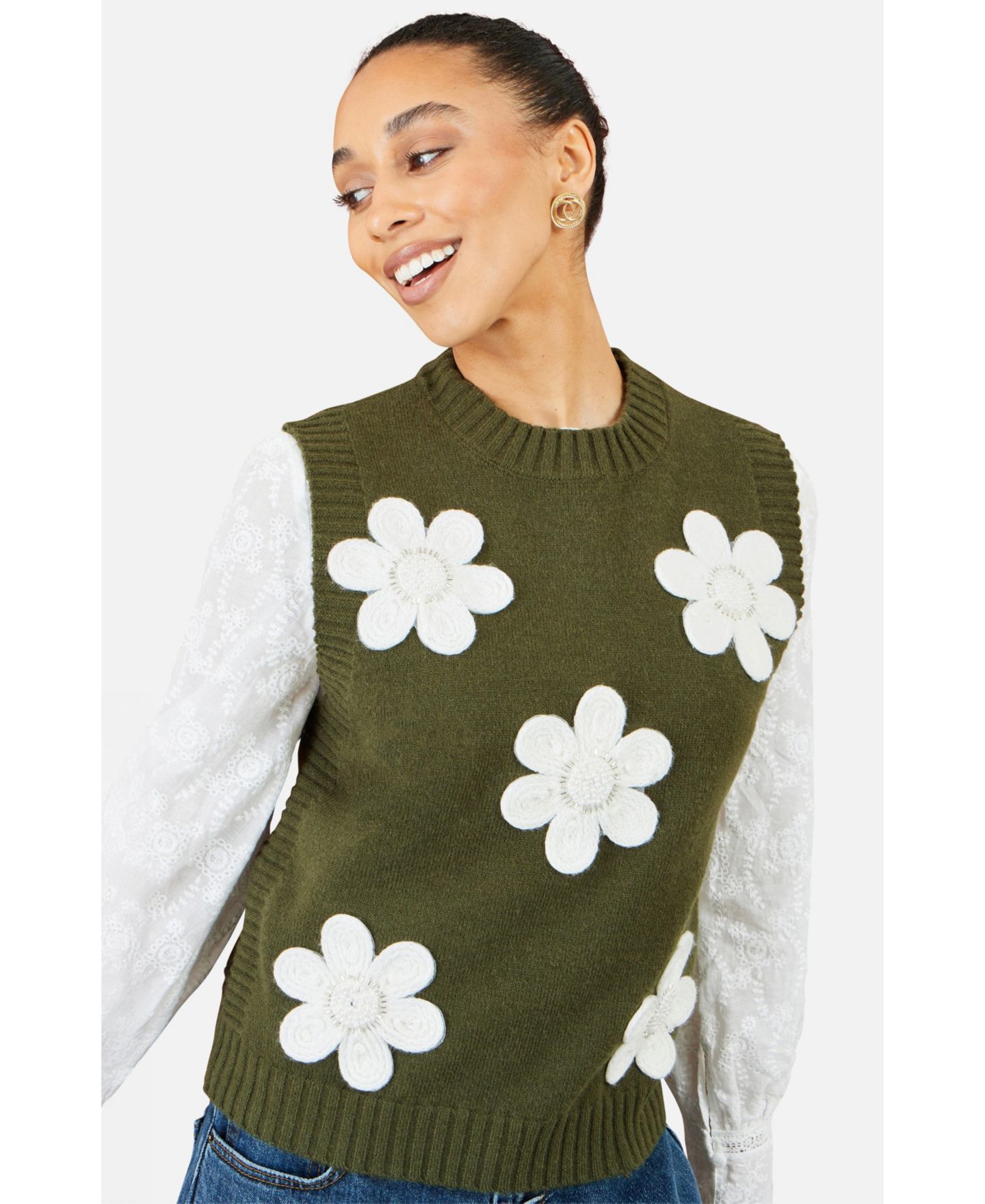 Женский топ Yumi Floral-Print Flower Applique, цвет: Зелёный — фото 5