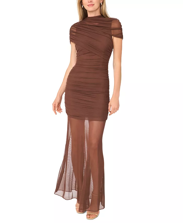 Women's Asymmetric-Ruched Cape-Sleeve Maxi Dress