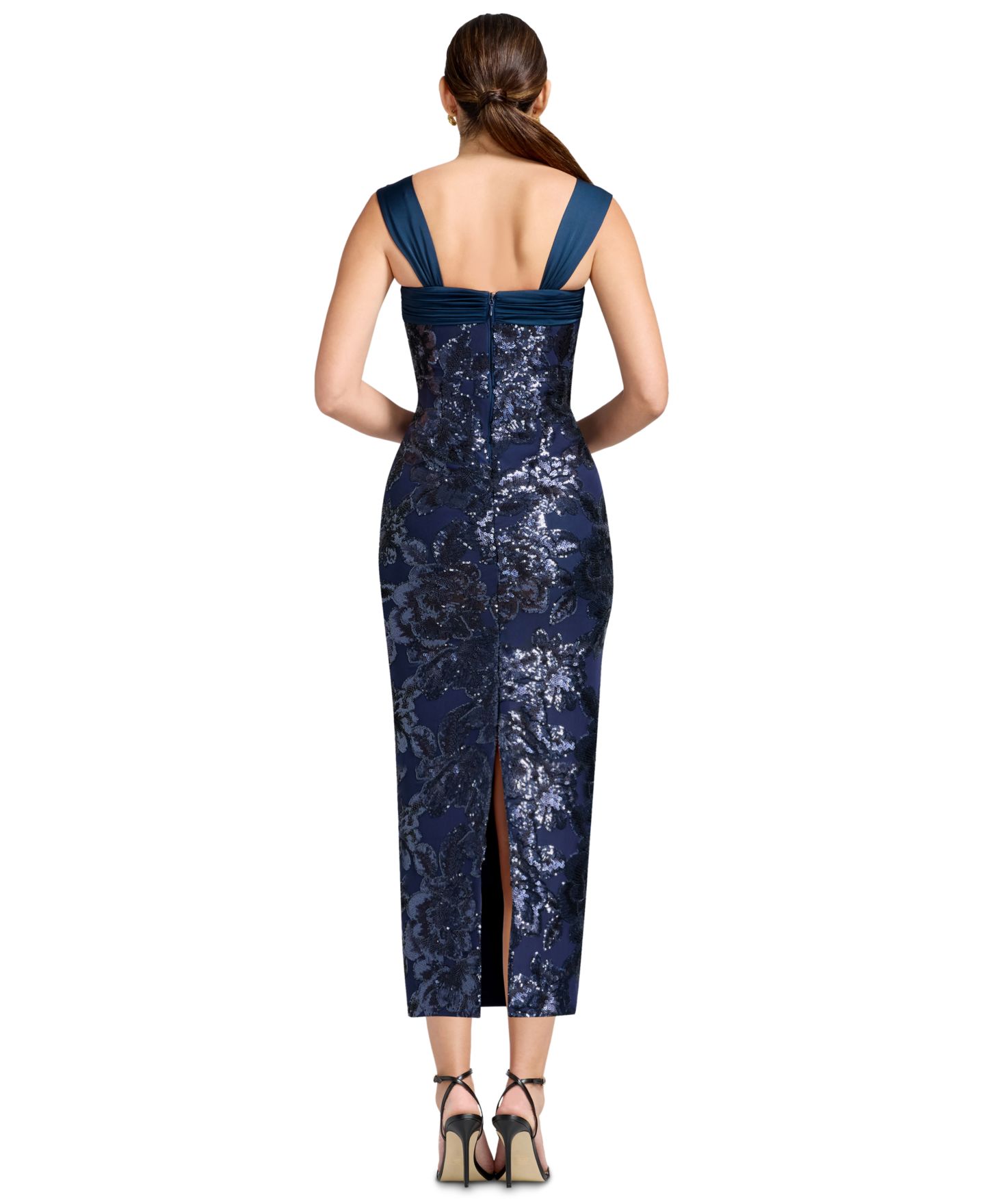 Женское платье Dress the Population Sequin Square Neck Bodycon Tea Length, цвет: Тёмно-синий разноцветный — фото 5