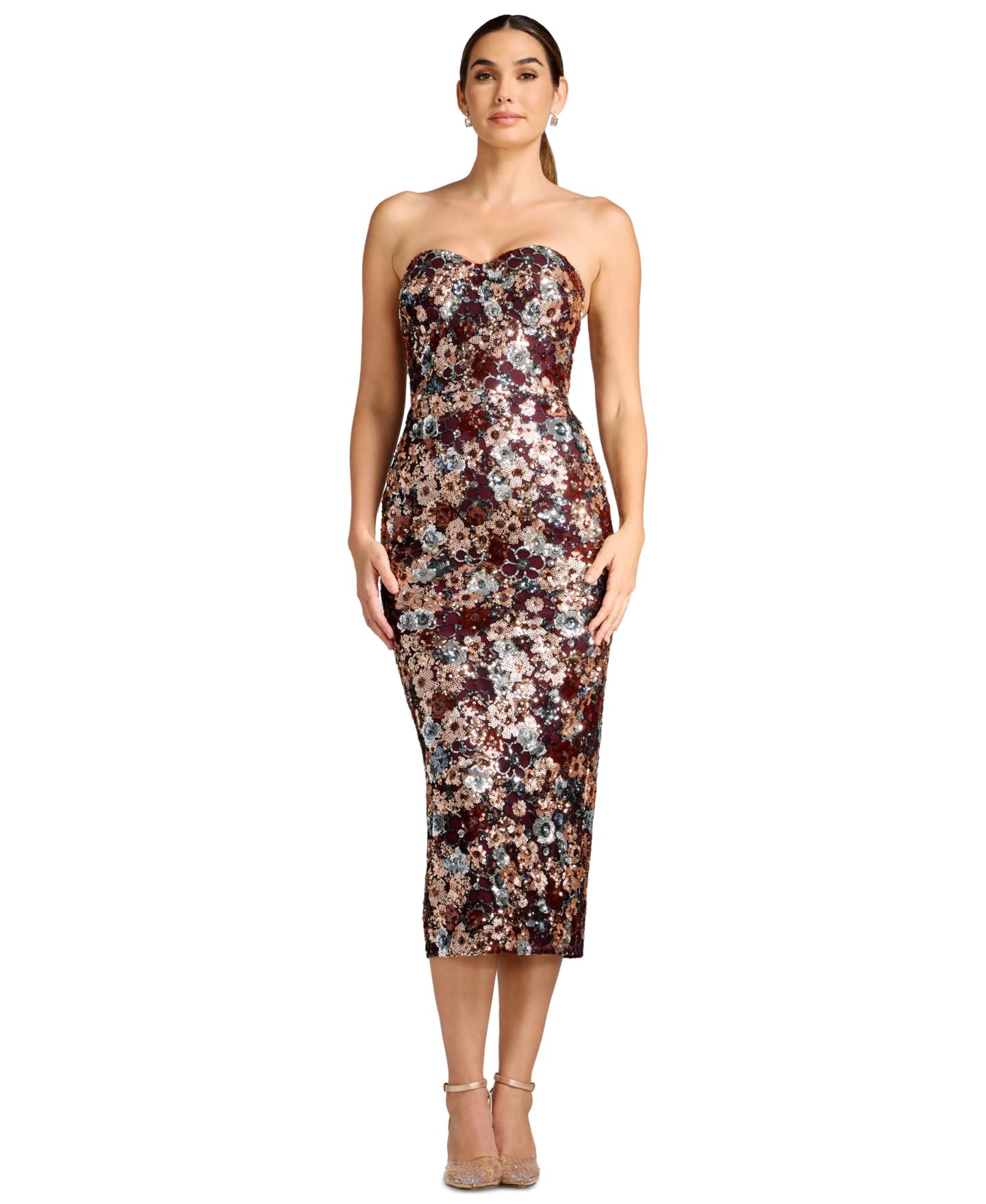 Женское платье Dress the Population Sequin Floral Sweetheart Midi, цвет: Бордовый разноцветный — фото 1