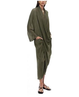 Women's Draped Wrap Long-Sleeve Shawl Collar Midi Dress