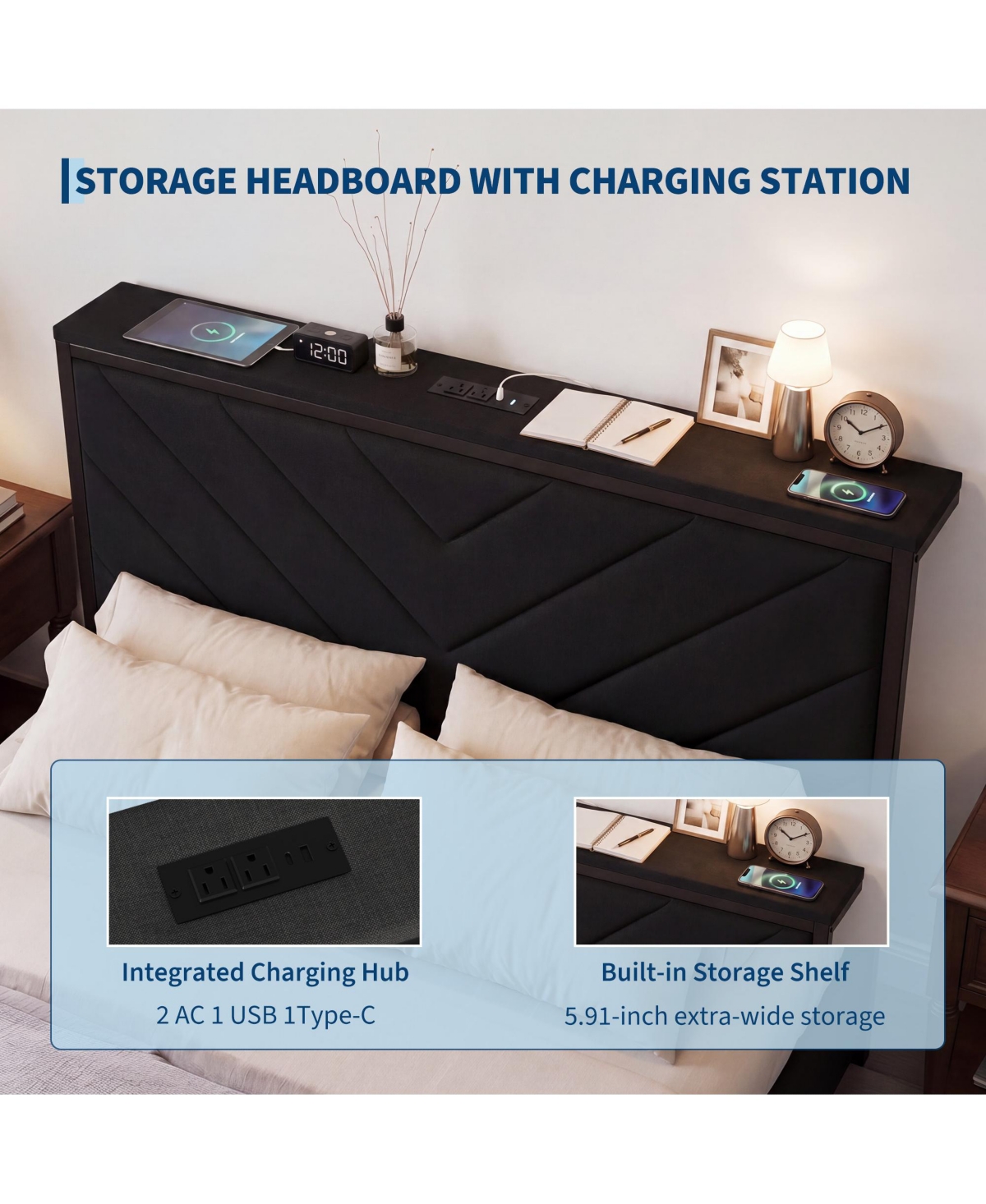homfan Upholstered Metal Platform Bed Frame with Charging Station Headboard & 2 Rolling Under Storage Drawers