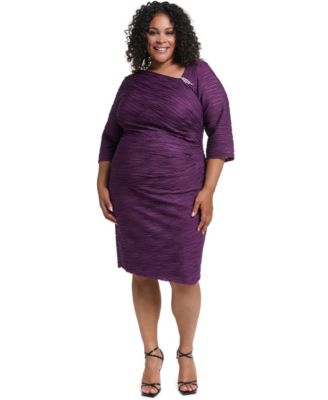 Plus Size Asymmetrical-Neck 3/4-Sleeve Side-Tuck Dress
