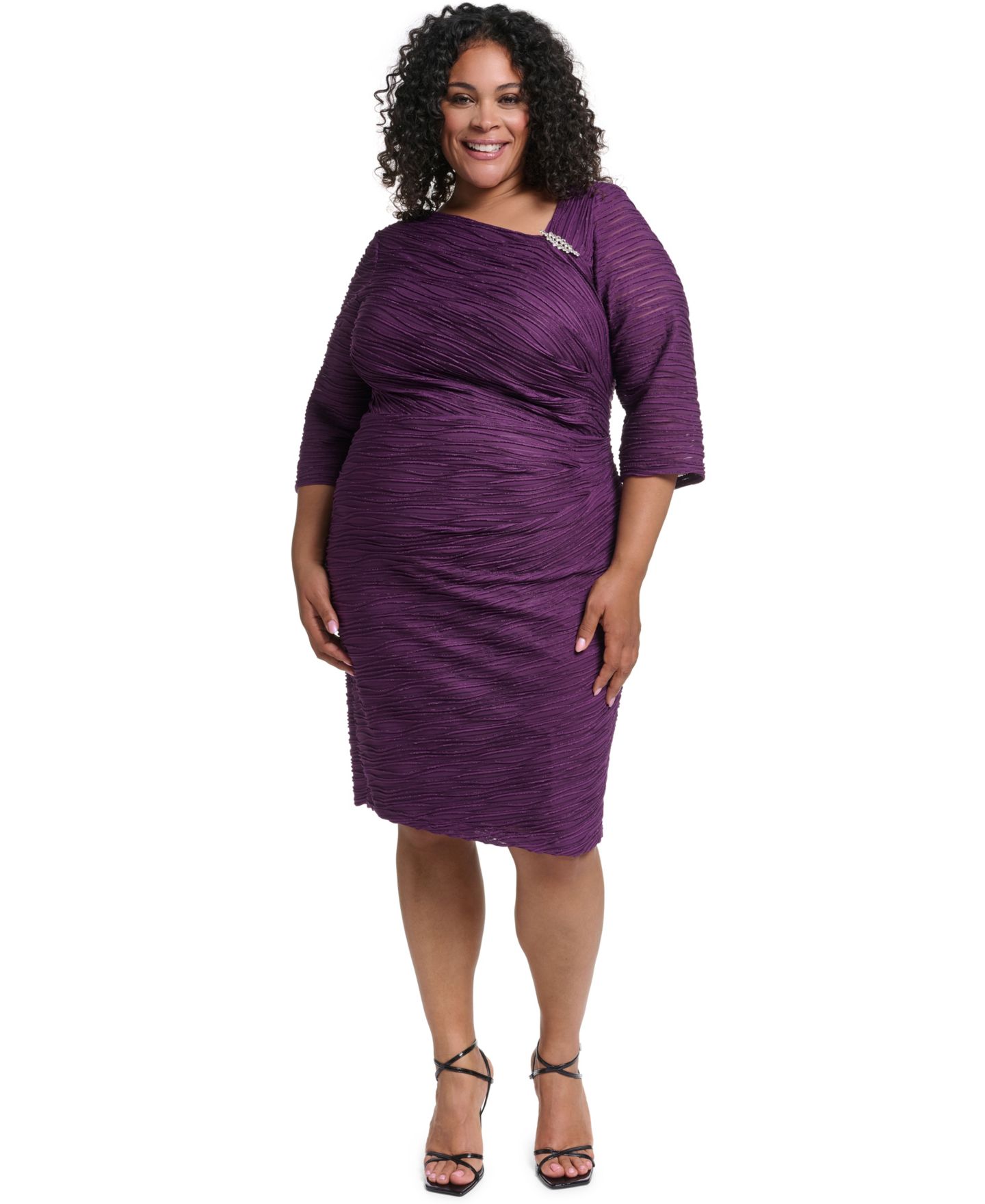 Женское платье Jessica Howard Plus Size Asymmetrical-Neck 3/4-Sleeve Side-Tuck, цвет: Сливовый — фото 1